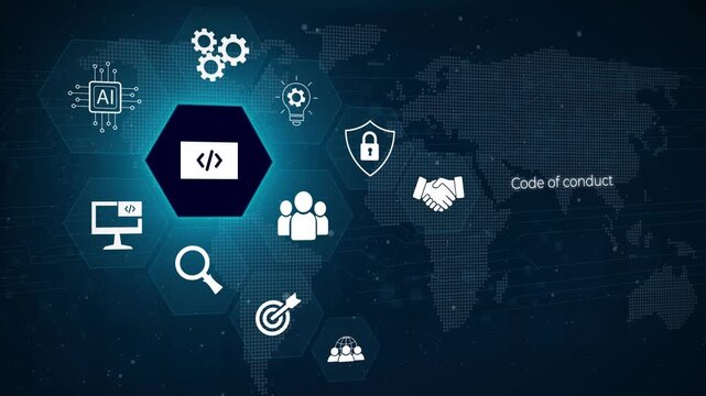 Software, web development, programming concept. Programming languages java and program. Software development. 3D dark blue background 4k animation