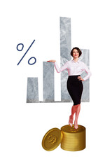 Composite 3d zine pop trend collage of happy businesswoman stand dollar coin stack chart...
