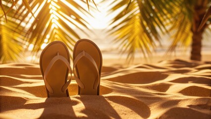 Sunlight glistens on sand, with flip-flops nestled in the warm beach, surrounded by palm leaves, evoking a tranquil tropical vibe.