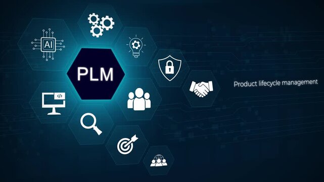 PLM Product lifecycle management system technology concept. Technology, Internet and network concept. 3D dark blue background 4k animation