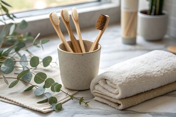 Wooden toothbrushes in a cup with towel and plant on marble table