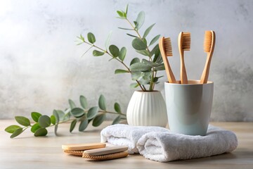Wooden toothbrushes in a cup with towel and plant on a table