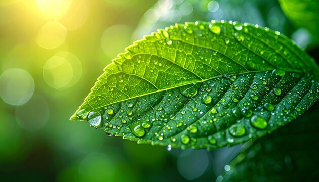 Close up of fresh green leaf with dew drops showing natural freshness and purity