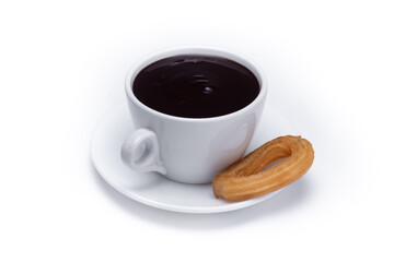 Hot thick chocolate in a white cup with churros isolated on white background