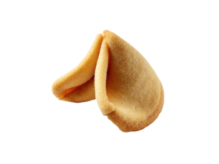Golden fortune cookie folded against black baked sweet, Isolated, Png Transparent Background