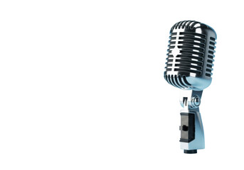 Fototapeta premium Polished silver retro vintage microphone with detailed grill on right against clean light blue background with copy space, soft studio light, concept of audio heritage