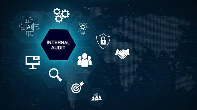 Business, Technology, Internet and network concept. virtual screen of the future and sees the inscription: Internal audit. 3D dark blue background 4k animation