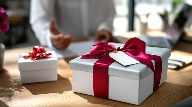 Defocused gift wrapper working while focused stylish box with crimson ribbon and tag remains clear, with copy space