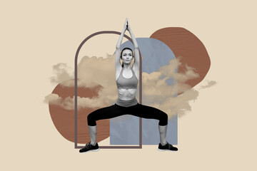 Full image banner sketch 3d photo collage of serious sportswoman do stretching clouds yoga exercise...