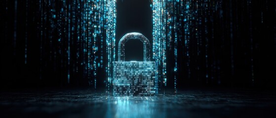 The Padlock of Digital Data Surrounded by Cascading Glowing Binary Code