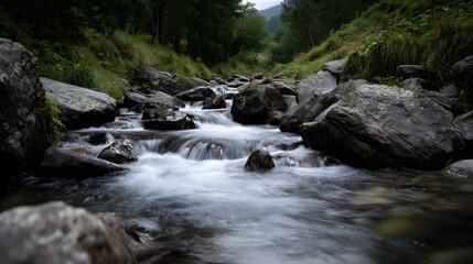 A clear fast flowing mountain stream cascades over smooth water worn rocks surrounded by lush green forest