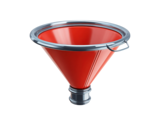 Bright red funnel with metallic rim and handle silver tool, Isolated, Png Transparent Background