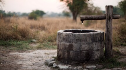 An ancient stone well with a wooden water lifting mechanism provides a fresh drop of water in a dry rural landscape at twilight