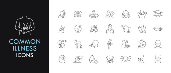 Common illness line icon set, outline web icon collection containing Fever, Cough, Headache and more, vector illustration in line style