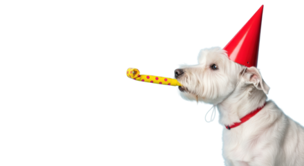 A white shaggy terrier dog wearing a red party hat, blowing a yellow polka-dotted party horn on a clean light blue studio background with copy space, playful birthday celebration atmosphere