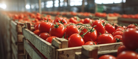 The Tomatoes In Wooden Crates At A Sunlit Farm Market Ready For Distribution