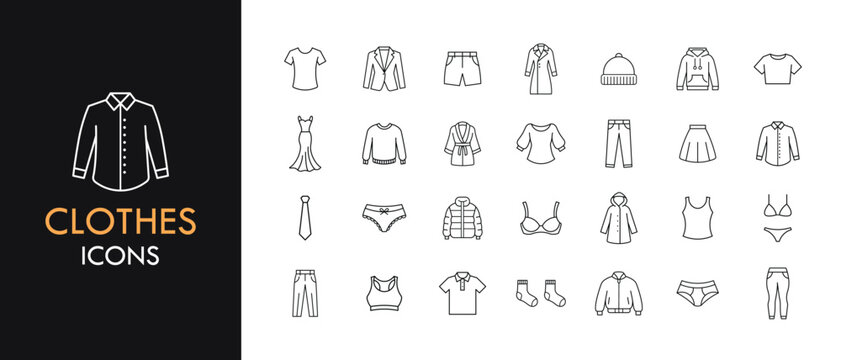 Clothes line icon set, outline web icon collection containing Shirt, Dress, Underwear and more, vector illustration in line style.