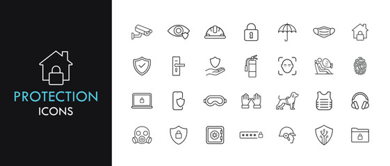 Protection line icon set, outline web icon collection containing Shield, Lock, Mask and more, vector illustration in line style.