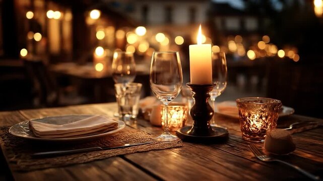 Romantic candlelit table setting with wine glasses and dinnerware