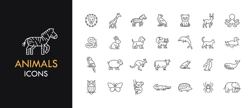 Animals line icon set, outline web icon collection containing Cat, Dog, Bird and more, vector illustration in line style.
