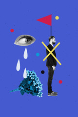 Pop art image poster 3d banner collage of serious guy crossed flower bouquet eyeball cry problem...