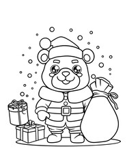 Sweet Christmas Party Cute Bear Helping Santa Fill Gift Boxes for Christmas Night – Vector Coloring Page for Kids and Adults 