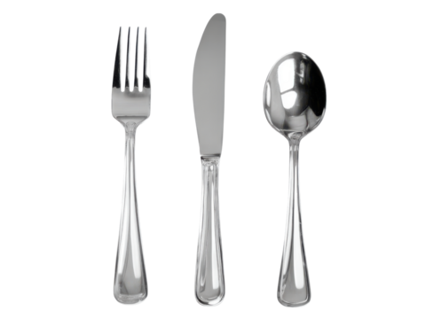 Polished metallic fork knife spoon set image, Isolated, Png Transparent Background