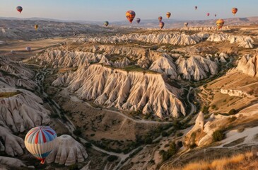 熱気球, 膨らんだ, 空, 山脈, 雄大な, 熱い, フライング, 旅行, 風景, カッパドキア, 冒険, トルコ, 