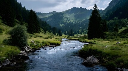 A serene river flows through a lush green mountain valley under a cloudy sky