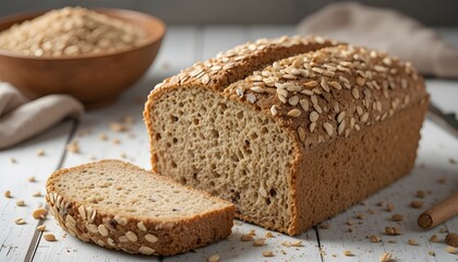 Freshly baked whole grain bread loaf topped with seeds, sliced and displayed on a rustic wooden surface, representing natural homemade baking and healthy wholesome nutrition