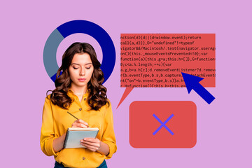 Collage of business man woman in front of abstract charts programming code symbolizing creative...