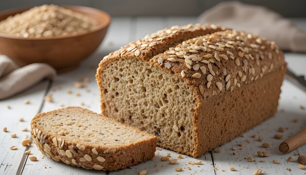 Freshly baked whole grain bread loaf topped with seeds, sliced and displayed on a rustic wooden surface, representing natural homemade baking and healthy wholesome nutrition