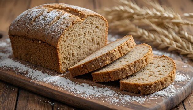 Freshly sliced whole grain bread loaf on a wooden board with wheat grains, rustic baking style, homemade healthy food, natural ingredients and warm kitchen atmosphere
