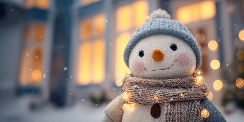 Cute snowman with scarf and fairy lights in front of cozy house in winter