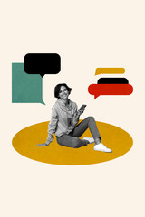 Pop trendy 3d zine vertical art collage of happy girl hold phone sen message notification speech...