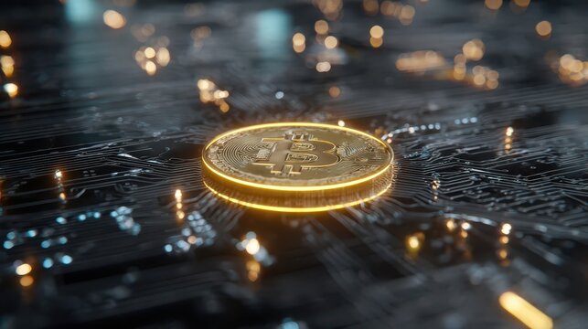 Golden Bitcoin glowing on digital circuit board - Powered by Adobe