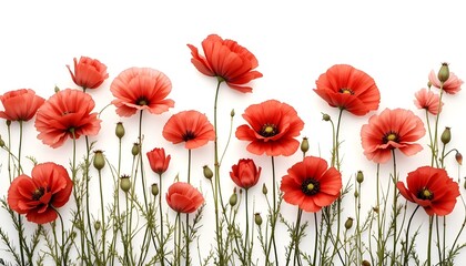 Fototapeta premium Red poppy flowers isolated on white background symbolizing remembrance, beauty, and peace, minimal floral arrangement perfect for spring design, botanical art, or natural background concept