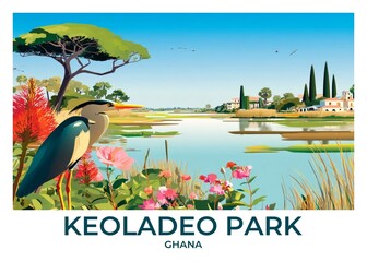 Keoladeo Ghana National Park, Ghana Flat Retro Poster illustration, Landscape Travel Wall Art, Vintage High quality prints
