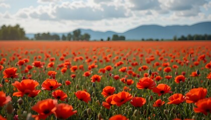 Obraz premium Endless field of red poppies in full bloom beneath a bright sky and distant mountains, symbolizing peace, remembrance, and the timeless beauty of nature’s vast landscapes