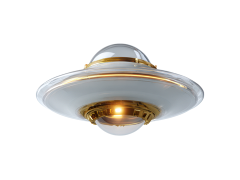 Gleaming golden disc shaped craft with luminous dome image, Isolated, Png Transparent Background