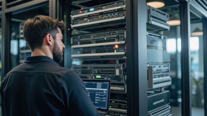 Technician operates laptop while managing server racks in modern data center, showcasing technology and efficiency