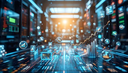 Futuristic digital data network with analytics icons and glowing technology interface