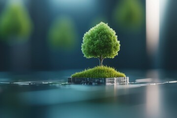 A small, vibrant tree grows on a patch of grass, symbolizing nature amidst a modern, technology-inspired setting.