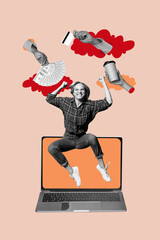 Trendy 3d vertical artwork collage of happy businesswoman businessman jump laptop hands offer coffee cup dollar cash credit card