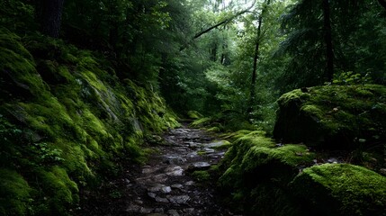 Fototapeta premium A moss covered stone path winds through a dense lush and verdant forest evoking a sense of natural wonder and tranquility