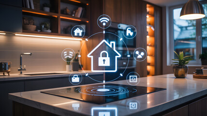 A smart home concept displayed over a modern kitchen with various connected device icons around it