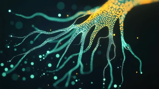 Surreal roots emerge from minimalist dots, creating an ethereal tree in a dreamlike landscape