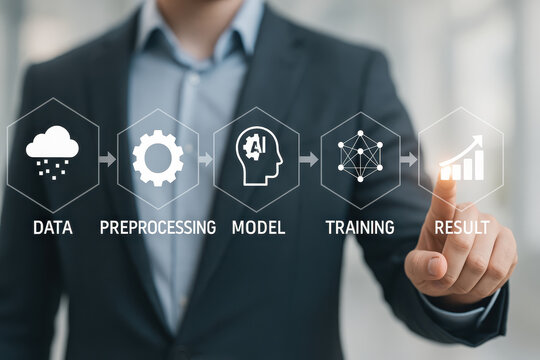 Business professional interacts with digital interface showcasing data processing workflow, emphasizing steps from data collection to result analysis. image conveys innovation and technology