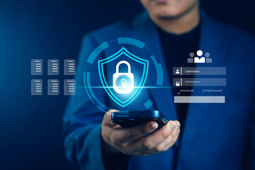 Cybersecurity and mobile data protection concept with digital lock shield, username password login interface, representing secure access, online privacy, and safe smartphone technology.