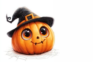 Fototapeta premium Jack-o'-lantern pumpkin with a witch's hat on a white background.